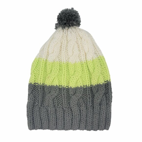 ⭐Adult Unisex Handmade Pom Beanie Cable Knit Color Block Grey Green Winter Hat⭐ - Picture 5 of 7